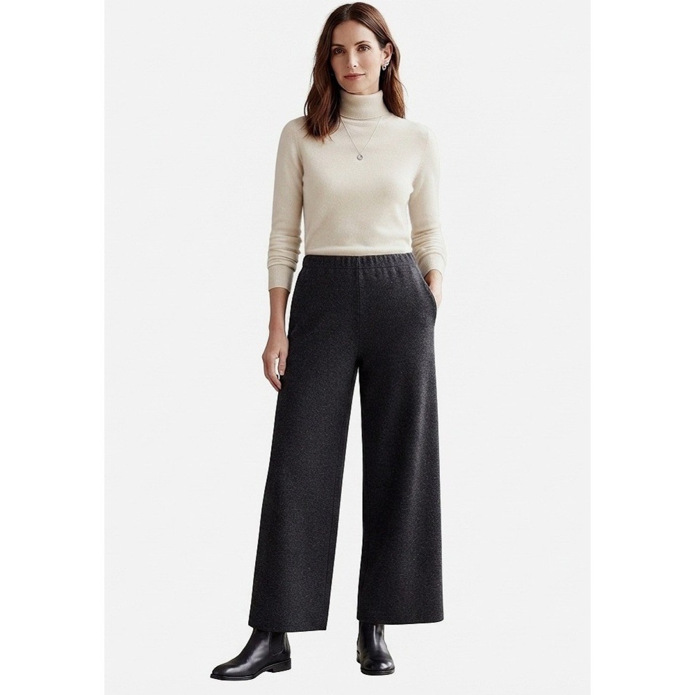 Eileen Fisher Wide Leg Wool Pants Women Large Charcoal Grey Ankle F1KW-4 Good